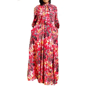 Plus size xxxxxl 4xl women's printed lace-up round neck temperament elegant long sleeves printed maxi party casual dress