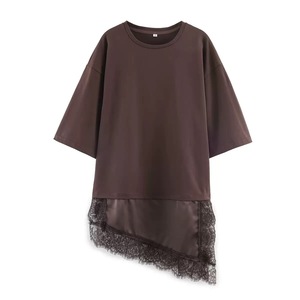Nuova Moda 2026: T-shirt da Donna con Collo Tondo, Maniche Corte, Asimmetrica, <span class=keywords><strong>in</strong></span> Canapa e <span class=keywords><strong>Pizzo</strong></span> - Product Image 4