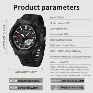 Reloj Electrónico SANDA 3360, Reloj Deportivo Multifuncional de Doble Pantalla en Oferta, Reloj de Pulsera Luminoso con Alarma y Resistente al Agua - Product Image 2
