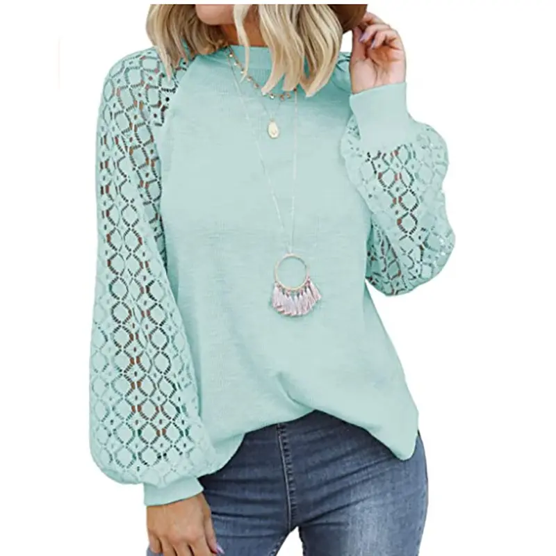 High Quality Plus Size Round Neck Lace Up Knitted Loose Blouse Women's Long Lantern Sleeve Tops Blouse In Stock