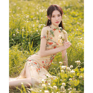 Femminile Qipao collo alla coreana corto Cheongsam Vestidso elegante abito cinese <span class=keywords><strong>fiore</strong></span> d'oro novità festa serale - Product Image 4