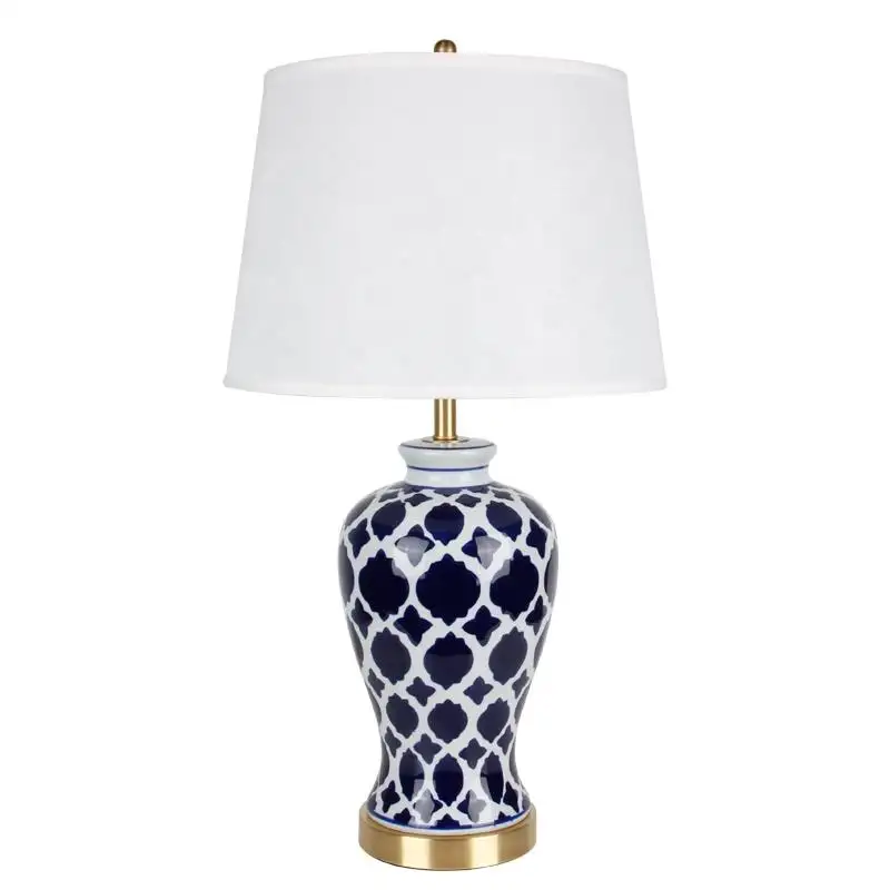 Abstract Nordic Blue And White Bedroom Hotel Ceramic Table Lamp With Fabric Lampshades