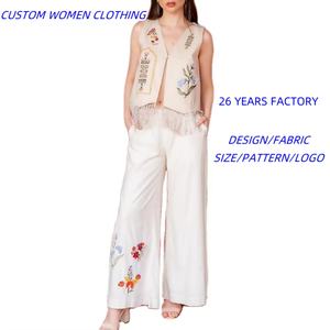 Conjunto de Ropa Casual para Mujer, Línea de Algodón, Chaleco sin Mangas Bordado, Pantalones Anchos, Transpirable, Dos Piezas - Product Image 1