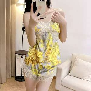 Ensemble de sous-vêtements thermiques décontractés 2 pièces en satin pour femme, taille élastique, vêtements d'intérieur, <span class=keywords><strong>pyjama</strong></span>, dentelle contrastante, 100 % soie, direct usine - Product Image 5