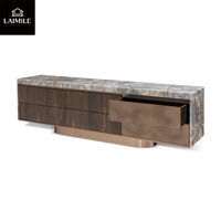Buffet moderne de luxe avec plateau en marbre naturel et placage bois, meuble de rangement latéral pour salle à manger de villa, mobilier de maison
