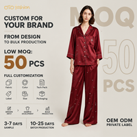 Ensemble deux pièces pour femmes en satin bordeaux, imprimé étoiles, col en V, pyjama, vêtements de détente, fabrication sur mesure, étiquette privée OEM