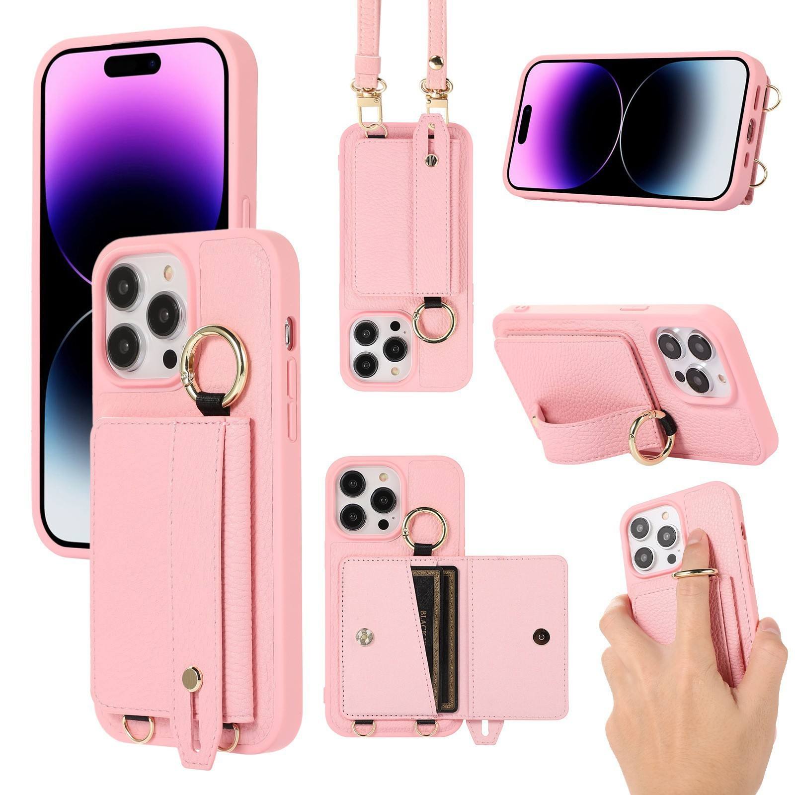 Rose-PU carte sac de téléphone avec lanière