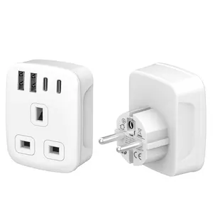 CE UKCA Approved White/Black 2 USB-A+2 Type-C Power Directly PD 20W UK to EU Travel Adapter 250V 13A 3 Pin to 2 Pin Adaptor