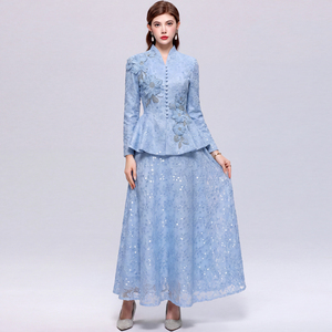 Set Elegante di Alta Qualità in Pizzo, <span class=keywords><strong>Blazer</strong></span> e Gonna Plissettata, Colletto alla Coreana, Ricamato, Maniche Lunghe, Completo in Pizzo per Donna - Product Image 2