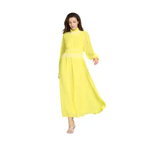 Fabricante de China de amarillo brillante de moda de manga larga elegante vestido casual