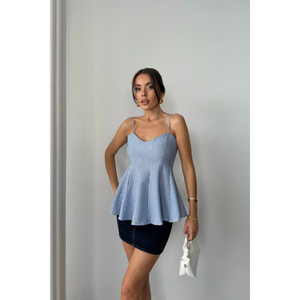 Blusa de Gasa a Rayas Azules con Tirantes Estilo Oblea, Detalle de Encaje Oscuro, Talla XL, Sin Cuello, Estilo Casual para Primavera, Verano y Otoño - Product Image 2