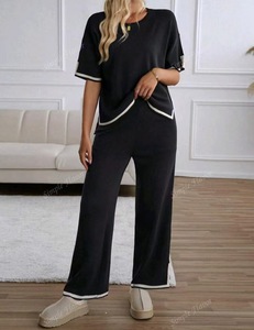 מכנסיים רחבים סרוגים עם שרוולים ארוכים, בגזרה גבוהה, בצבעים אלגנטיים מנוגדים, בסגנון קז'ואל אופנתי, נגד קמטים, סתיו 2023 - Product Image 6