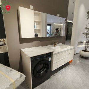 Máquina de lavar integrada y mueble de baño con espejo inteligente, encimera blanca, cuerpo de gabinete montado en la pared - Product Image 5