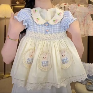 Tongxingyuan Girls Summer Sweet Dress Grid Cartoon Lace Trim Cotton Princess Style One Size Fits All - Product Image 4