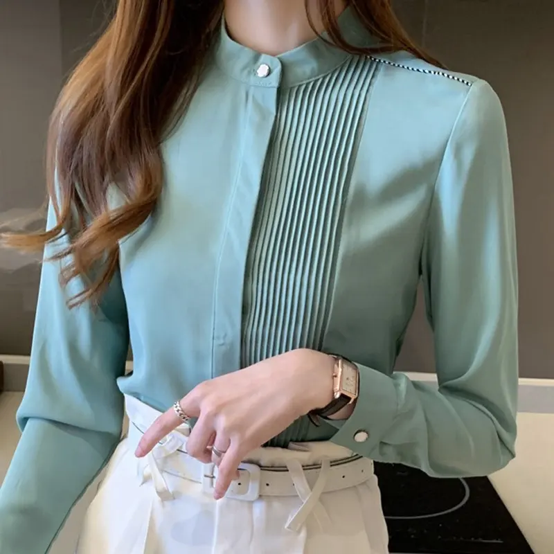 Wholesale Long Sleeve Chiffon Blouse Shirt Tops 2021 Stand Collar Office Women Blouses Blusa