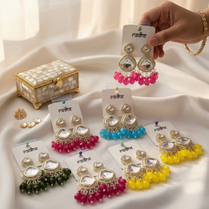 Jewelemarket <b>Gold</b> Plated Yellow Kundan Stone <b>Dangle</b> <b>Earrings</b> with Beads Fine Jewelry for Women - Product Image 3