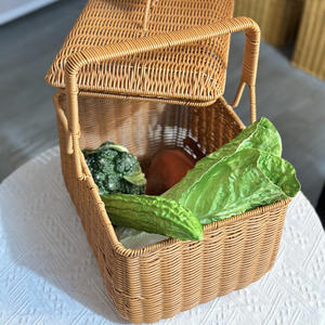 Cesta de Almacenamiento Portátil Tejida a Mano de Estilo Pastoral con Tapa para Cocina, Picnic al Aire Libre, Regalo, Compra de Frutas y Verduras - Product Image 3
