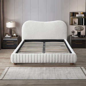 Modern Norme Boucle Upholstered Low Profile <b>Queen</b> <b>Size</b> Platform <b>Bed</b> in Cream for Bedroom - Product Image 2