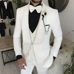 Elegant White Wedding Men's Suits Blazer Shawl Lapel Single Breasted 3 Piece Jacket Pants Vest One Button Formal Blazer Hombre