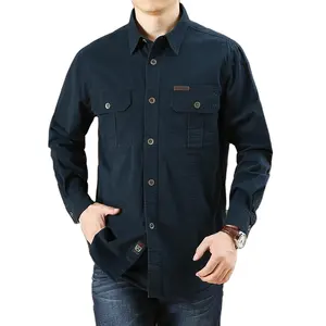 Vetement-Homme Camisas De Algodon 100% Kemeja Katun Twill Musim Gugur Lengan Panjang Kasual Berkancing Depan