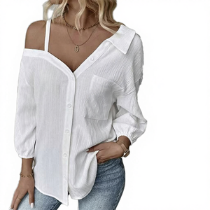 Women Blouses Wholesale Three-Quarter Sleeve Embroidery Casual <b>Off</b>-the-Shoulder Lapel Texture Breathable Eco-Friendly - Product Image 4