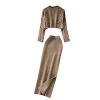 Ensemble haut à manches longues en tricot torsadé décontracté pour femme et jupe midi taille haute pour l'automne et les trajets quotidiens