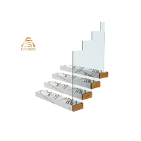 Escalier flottant moderne pour la maison, design d'escalier avec marches en bois et fixation par balustrade en verre pour maisons