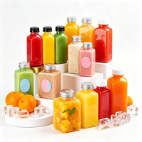 Bouteilles de boisson en plastique vides personnalisées avec logo, sans BPA, de qualité alimentaire, transparentes, en PET, carrées, avec couvercle à vis pour jus frais