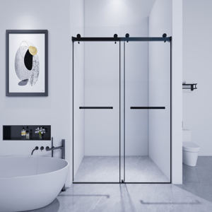 Cabine <span class=keywords><strong>de</strong></span> <span class=keywords><strong>douche</strong></span> <span class=keywords><strong>coulissante</strong></span> noire mate avec rail supérieur |   Verre trempé <span class=keywords><strong>de</strong></span> 8 mm |   Design minimaliste moderne - Product Image 1
