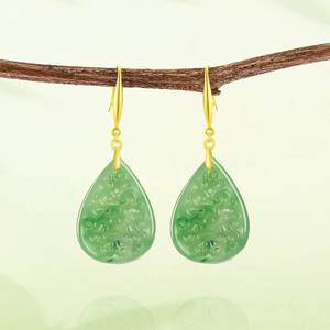 Pendientes de Plata 925 con Base de Espinaca Verde Natural y Jadeíta en Forma de Gota, Estilo Antiguo, Grabados, para Mujer - Product Image 3