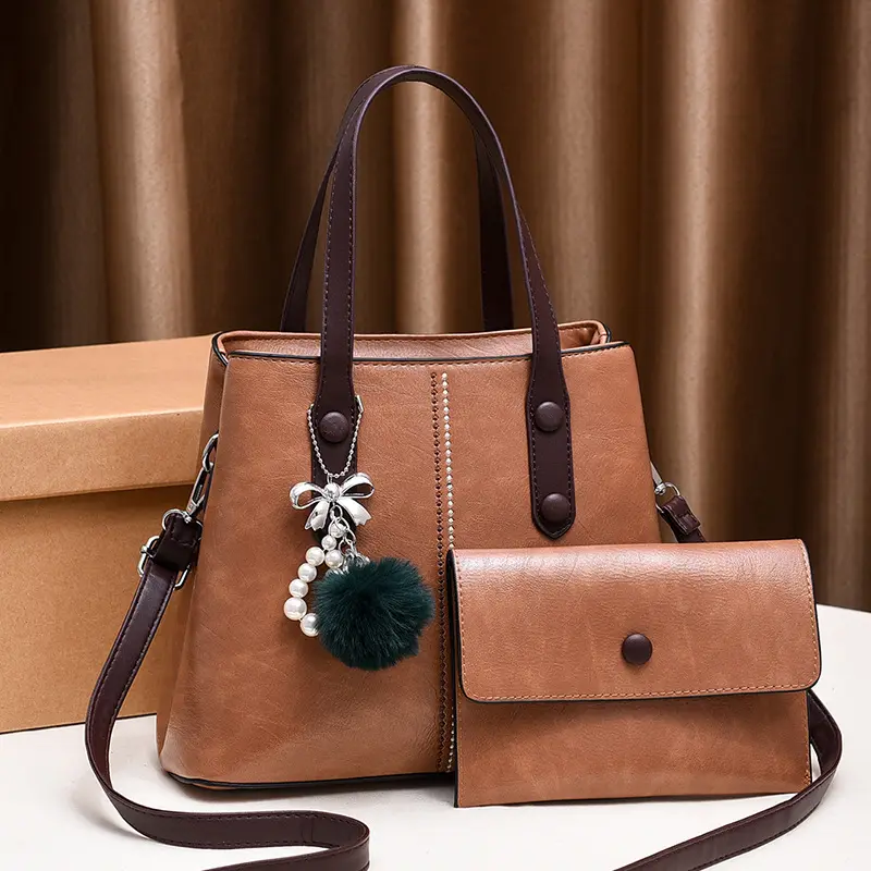 2-teiliges Set Handtaschen mit Pelzkugel Schlüsselanhänger Taschenband große Kapazität Damen-Hobo-Geldbörsen Damentasche