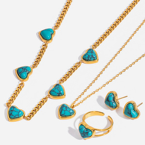 ชุดเครื่องประดับเทอร์ควอยซ์รูปหัวใจสำหรับผู้หญิง ตัวเรือนสแตนเลสสตีล ประดับเพชรแบบฝัง สำหรับงานปาร์ตี้ เครื่องประดับแฟชั่น - Product Image 1