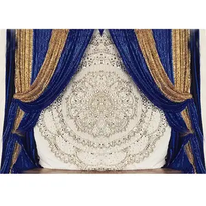 Bella Fase di Nozze Fondale Tende Blu Royal Wedding Fondali con Cuciture Ricamato Sfondo Bianco con Paillettes