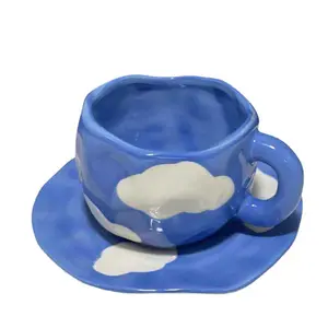 Mug Cloud Coffee Cup and Saucer Afternoon Tea Ceramic Cup Blue White Ins Ceramic Mugs Simple Handmade Irregular Ceramic Mug Sky