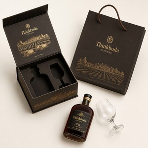 Caja de Regalo Personalizada para Coñac, Caja Rígida para Brandy con Lámina Dorada de Viñedo e Inserto de Vidrio, Empaque Premium para Brandy Francés - Product Image 4