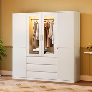 Armario Moderno SENYU Blanco con Puertas de Vidrio, 3 Cajones, Diseño de Panel Plano con Bisagras, Mueble de Almacenamiento para Dormitorio - Product Image 1
