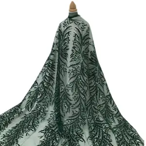 Dark Green Evening Dress Lace Fabric Bead Embroidered Sequin Fabric.