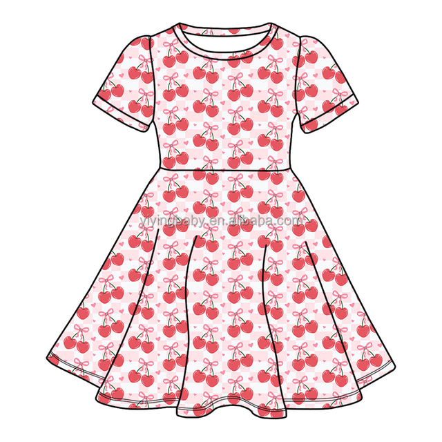Yiying Girls Summer Dress Breathable Milk Silk Fabric Cherry Print Casual Dress Sweet Valentines Style Dress for Daily Wear