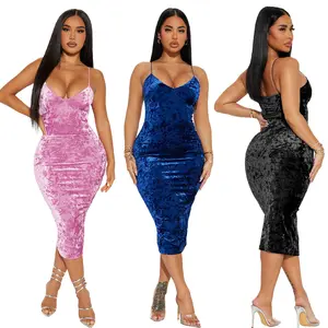 Damen Party-Kleid sexy modisch Aufhänger Satin Samt feste Farbe Maxikleid für Abendclub