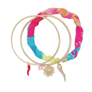 Gold Plated Stainless Steel <b>Bangle</b> <b>Set</b> With Fabric Wrap And Charms For Women Fashion Bracelets - Product Image 2