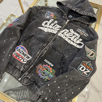 Veste à capuche zippée en denim délavé pour homme DiZNEW avec patchs, broderies, strass, clous, streetwear, logo personnalisé, OEM, ODM, vente en gros