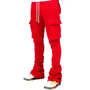 Streetwear Stacked Jogging Pants Men Stacked Joggers Pants With Side Pockets Flare Cargo Fleece Sweats