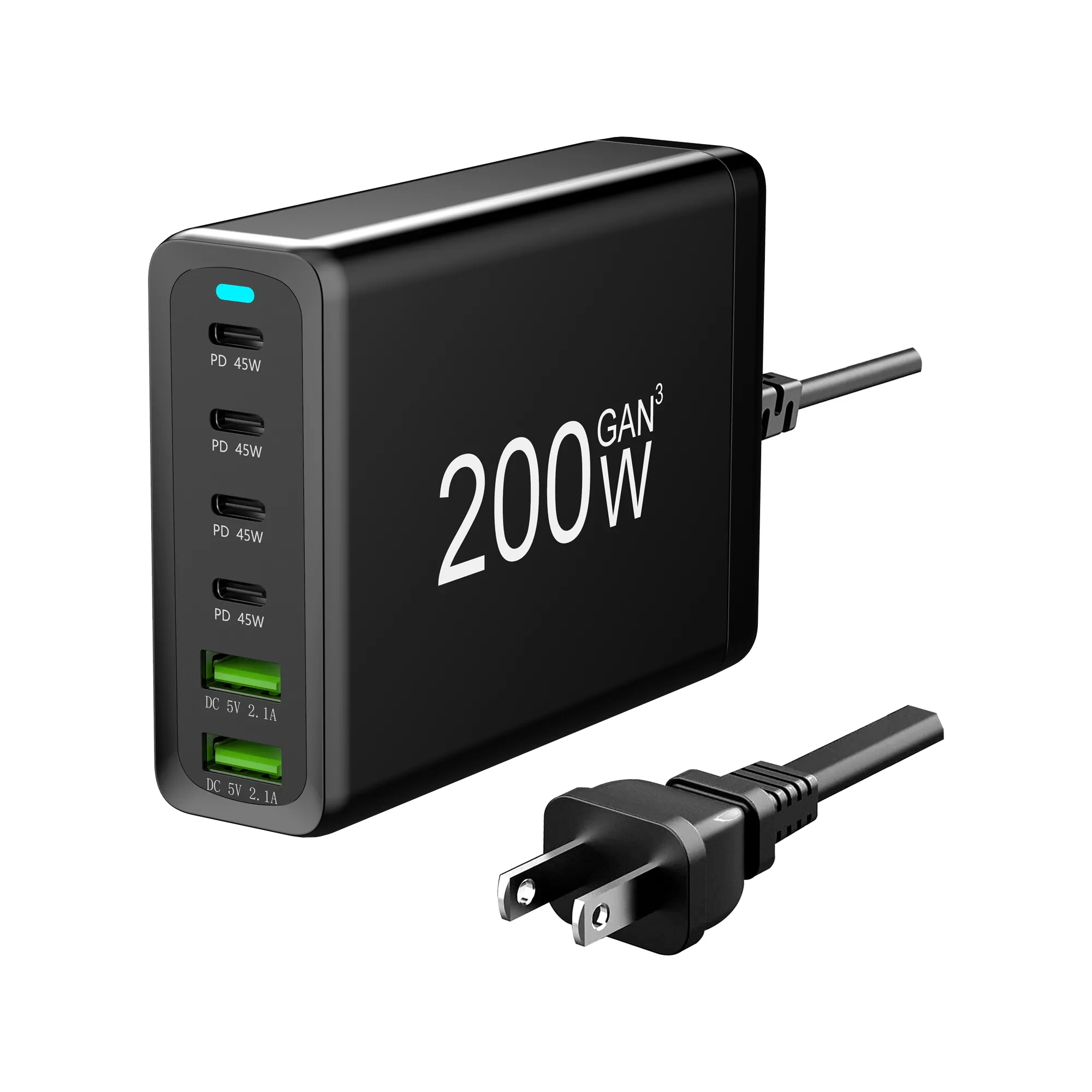 מטען 200W USB C תקע PD USB מטען קיר ארה""ב טעינה מהירה במיוחד מטען למחשב נייד לנסיעות 6 יציאות לאייפון 15 13 12 11 Pro Max