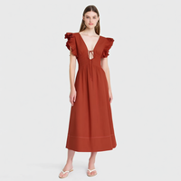 Robe midi décontractée pour femme, orange rouille, col en V, manches à volants, à nouer sur le devant, coupe évasée, style resort, personnalisable, vente en gros