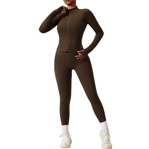 Veste et legging pour femmes en nylon solide marron ensemble de survêtement deux 2 pièces ensemble survêtement vêtements de sport vêtements de sport athlétiques - Product Image 1