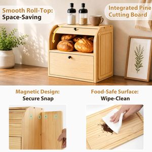 Wooden Bread Storage Box <b>Double</b> Layer Sliding Cover Kitchen Countertop Bread <b>Bin</b> With Ventilation Holes And Anti Slip Pads - Product Image 5