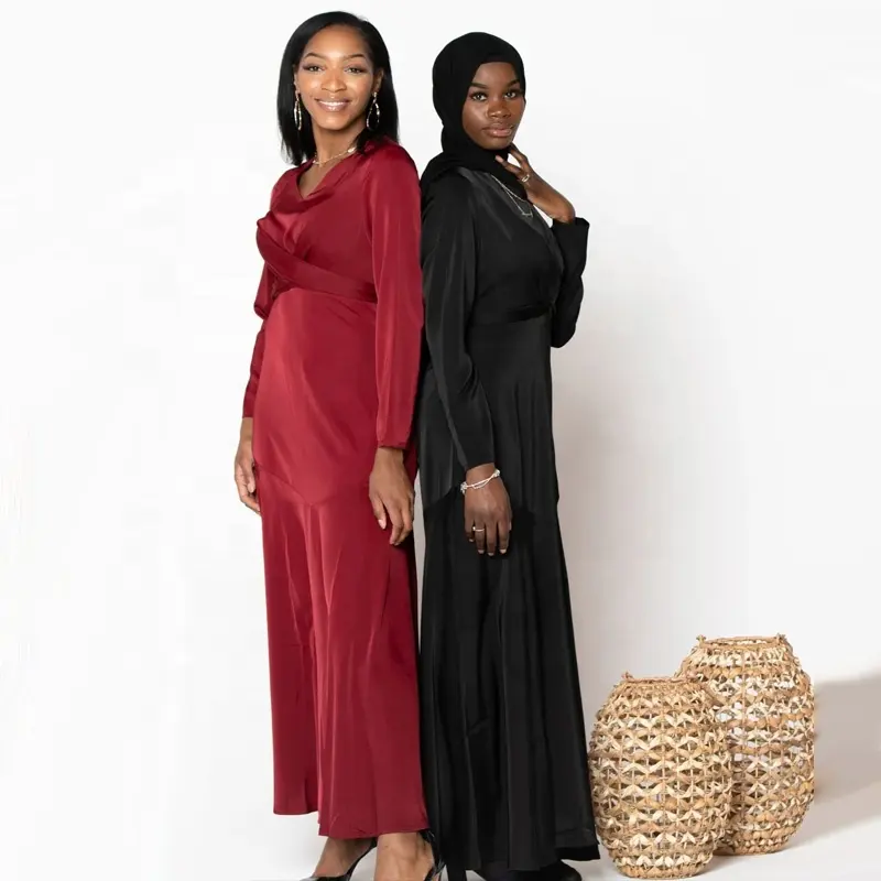 이슬람 의류 muslimah 레드 크로스 새틴 v 넥 긴 소매 여성 이슬람 단색 맥시 드레스