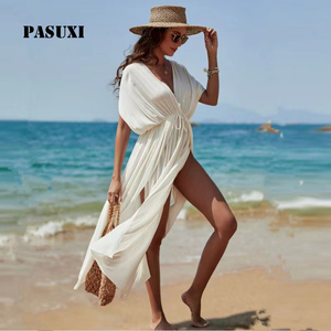 PASUXI Vestido playero midi sin espalda con cuello en V, cárdigan transpirable de rayón para vacaciones de verano, sexy vestido de playa con lazo frontal - Product Image 1