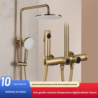 Ensemble de douche mural carré rétro en cuivre brossé doré avec affichage numérique à quatre niveaux et température constante, barre coulissante pour bain et douche
