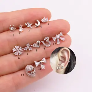 20g CZ Tiny Kraakbeen oorbellen Dainty Schedel Skelet Boog Daith Piercing Staal Bar Earring Tragus piercing CZ stud Helix